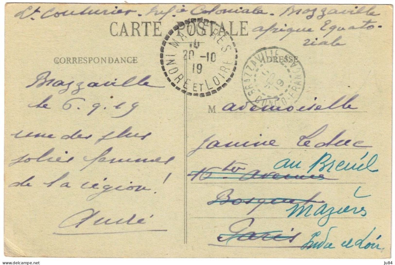 Congo Français - Brazzaville - Gorille Femelle - 2x 10c Moyen Congo RF - Carte Pour La France - Septembre 1919 - Covers & Documents