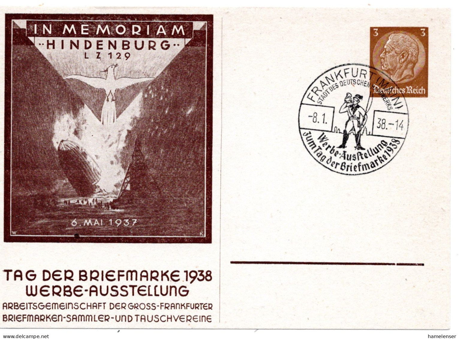 60369 - Deutsches Reich - 1938 - 3Pfg Hindenburg "LZ129" PGAKte SoStpl FRANKFURT - WERBEAUSSTELLUNG TAG DER BRIEFMARKE - Zeppeline