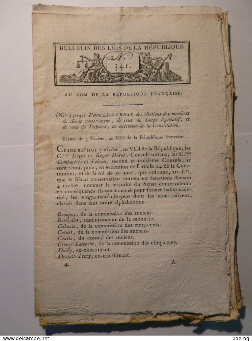 BULLETIN DE LOIS De 1799 - ELECTIONS MEMBRES DU SENAT CONSERVATEUR - EXTRAITS REGISTRES DU SENAT CONSERVATEUR - Décrets & Lois