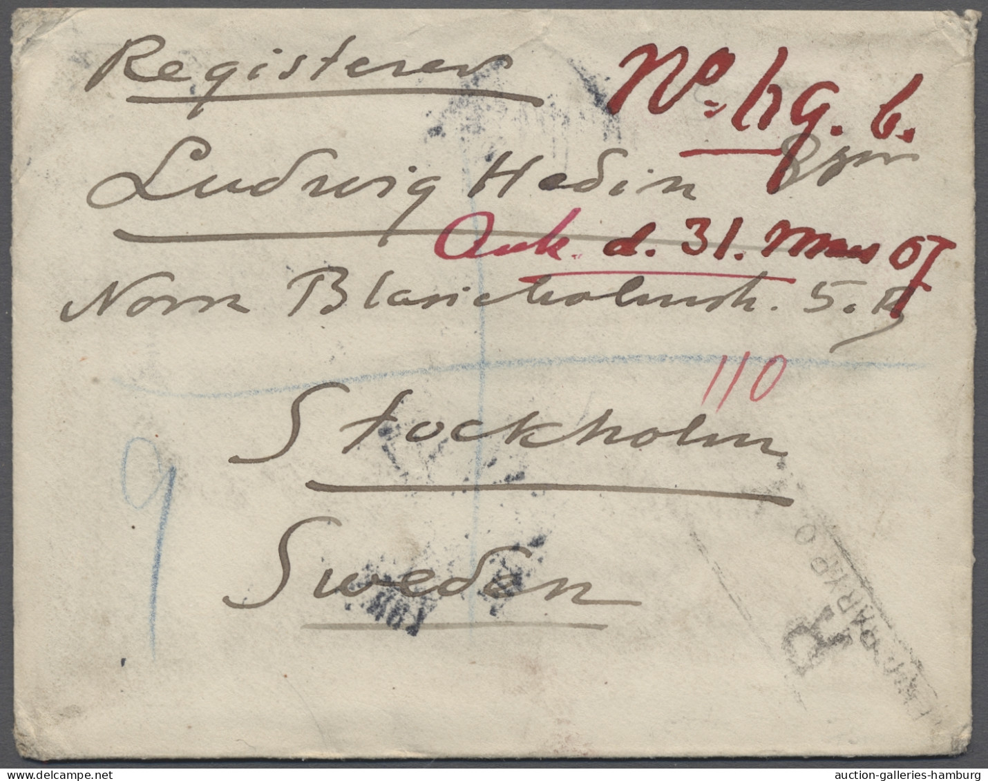 Cover Tibet: 1907, Einschreibebrief Der Hedin-Expedition Mit R-Stempel "R TEMPORARY P. - Autres - Asie