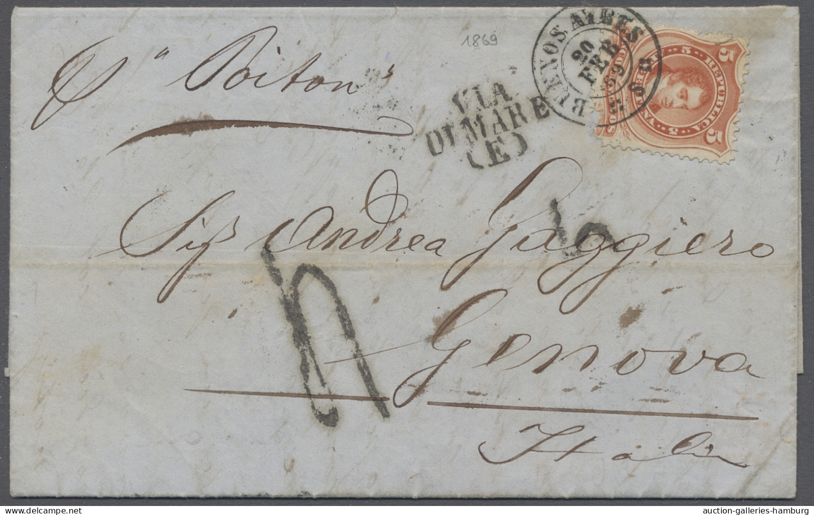 Cover Argentina: 1869, 2 ELs Mit Part Frankings To Italy. 5c. Orange Single Rate And 1 - Sonstige & Ohne Zuordnung