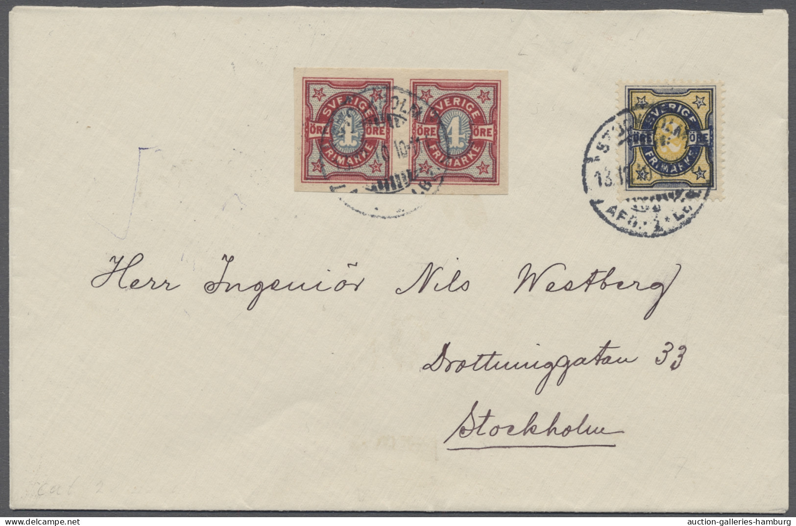 Cover Sweden: 1916, Bi-coloured Numeral Type, 4 Oere Horizontal Pair IMPERFORATE Plus - Covers & Documents