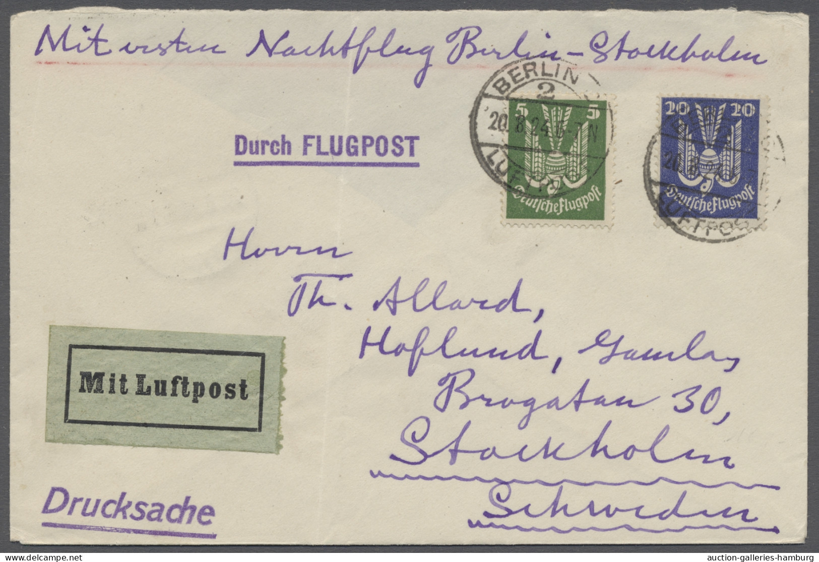 Cover Air Mail - Germany: 1924, 20.8., Erster Nachtflug Berlin-Stockholm, Feiner Brief - Poste Aérienne & Zeppelin