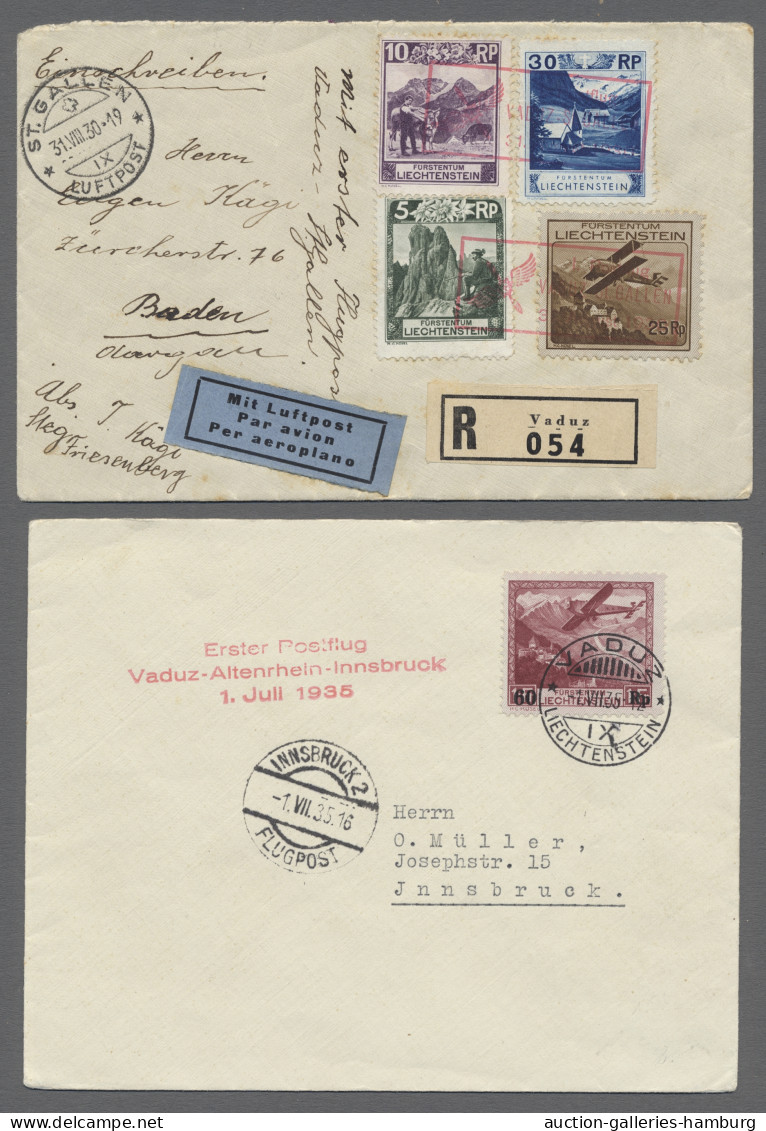 Flugpost Liechtenstein: 1930-1980, Erstflugbelege, 60 Verschiedene In Briefalbum, Vor 194 - Lotes/Colecciones