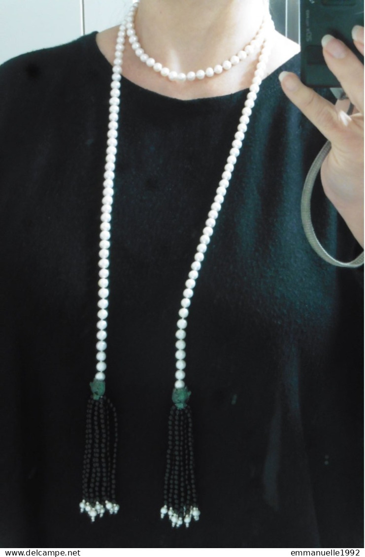 Collier écharpe style Art Deco perles d'eau douce blanc nacré têtes de panthère pompons noirs