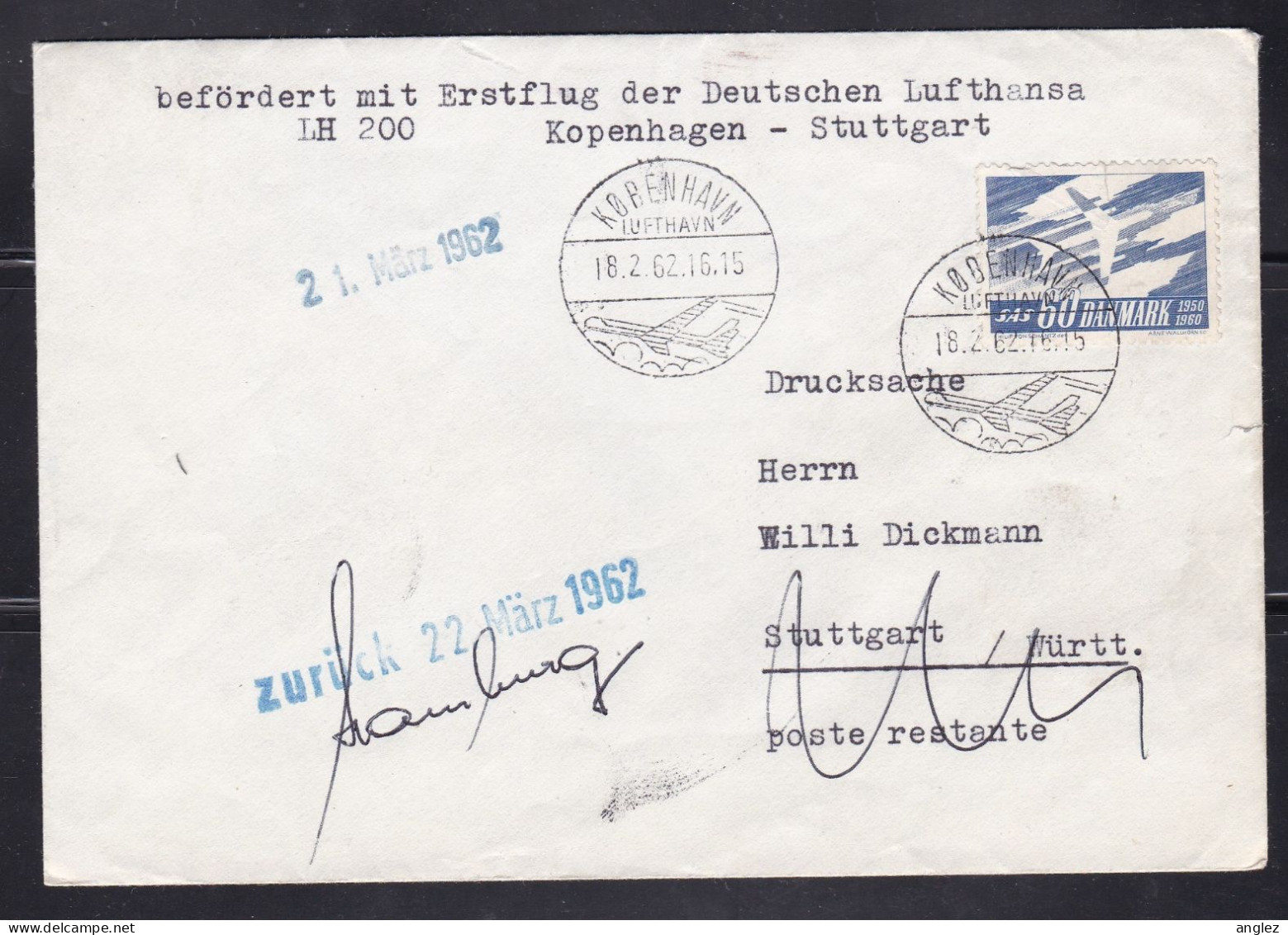 Denmark - 1962 Lufthansa First Flight Cover LH200 Copenhagen To Stuttgart Germany - Luftpost