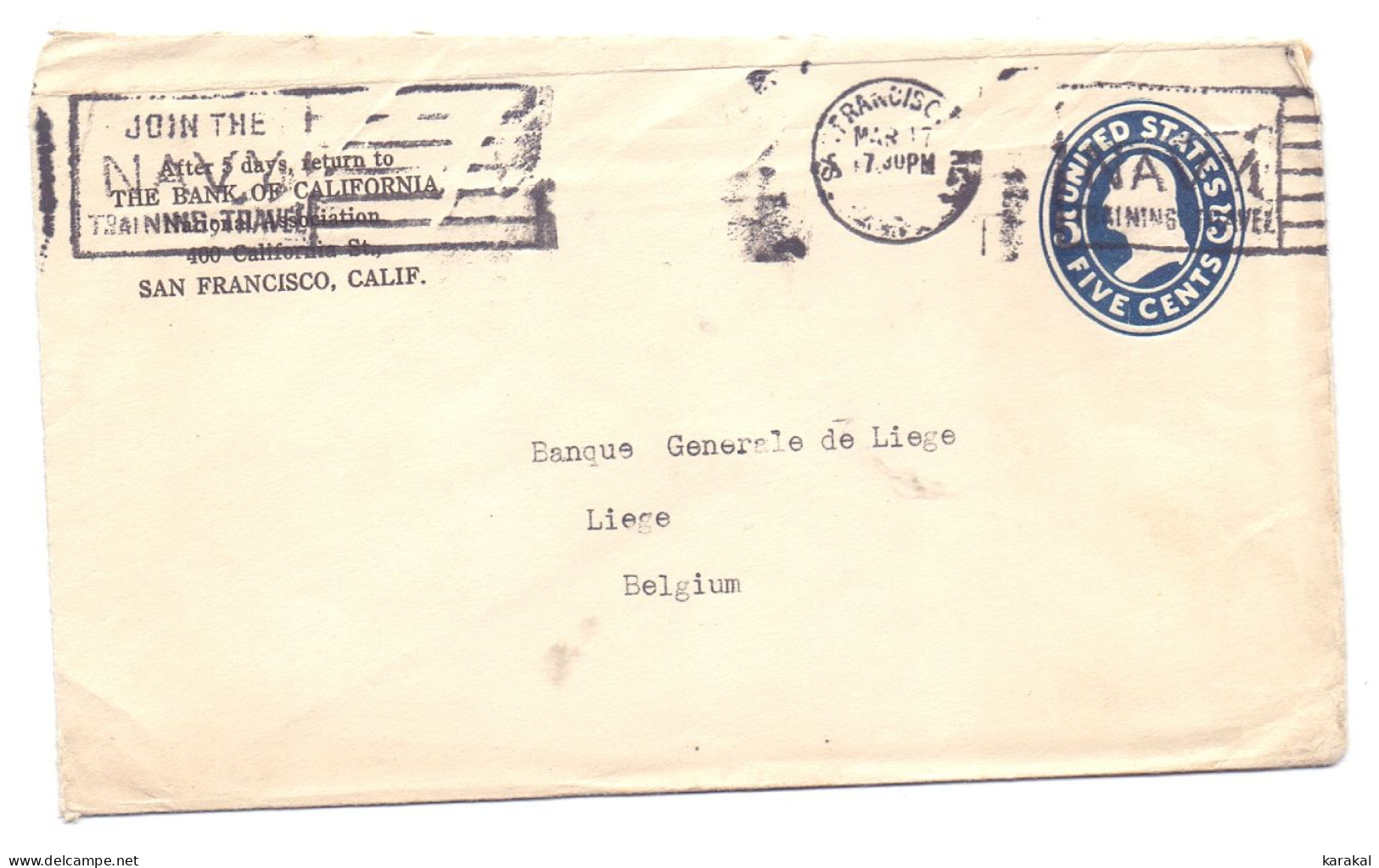 USA Postal Stationery Five Cents Bank Of California San Francisco To Liège Belgium 1920 - 1901-20