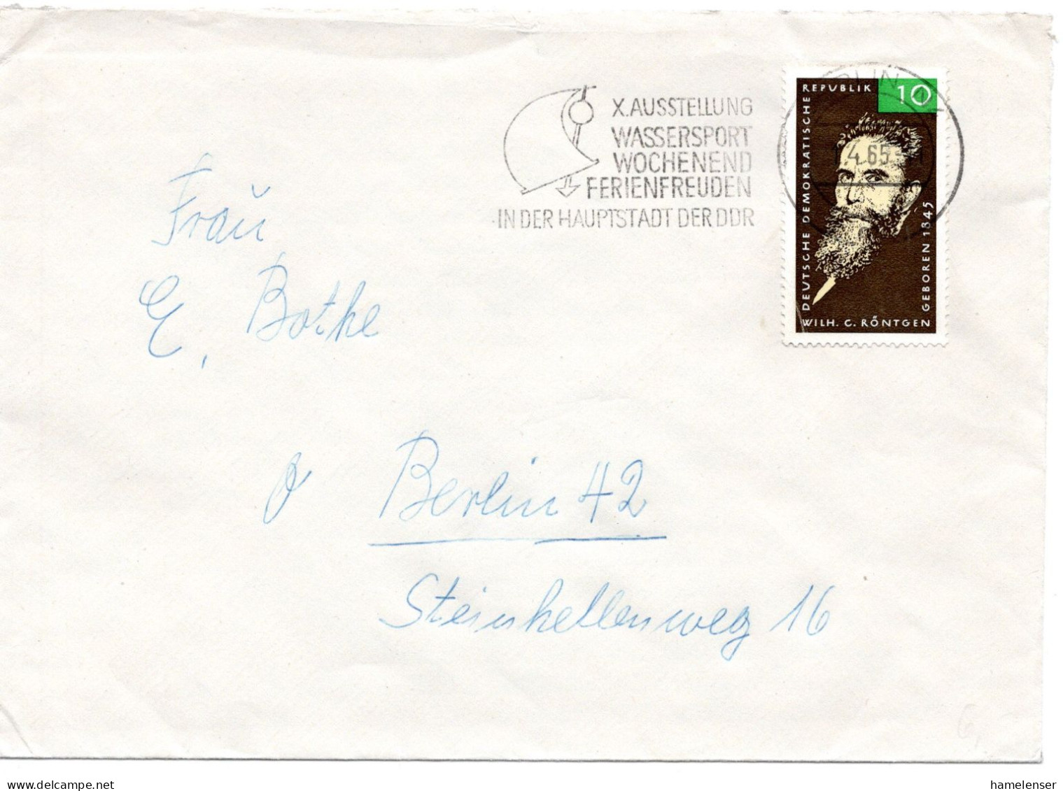 60517 - DDR - 1965 - 10Pfg Roentgen EF A OrtsBf BERLIN - X.AUSSTELLUNG WASSERSPORT ... - Zeilen