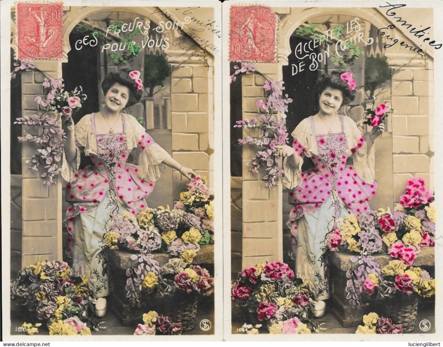 SERIE 2  CARTES  FANTAISIE -  ANNEE 1907 -  FEMME    -  A  LEGENDE    :  FEMME OFFRANT DES FLEURS  -  CIRCULEE  TBE - Collections & Lots