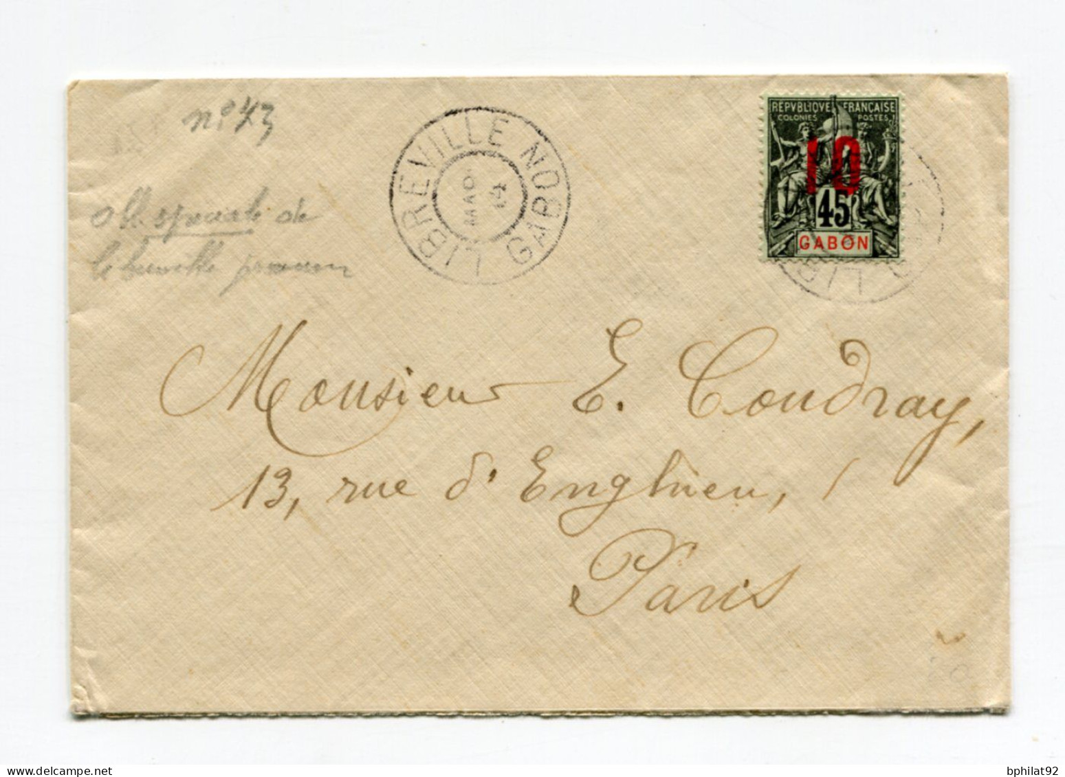 !!! GABON, LETTRE DE LIBREVILLE DE 1914 POUR PARIS - Lettres & Documents