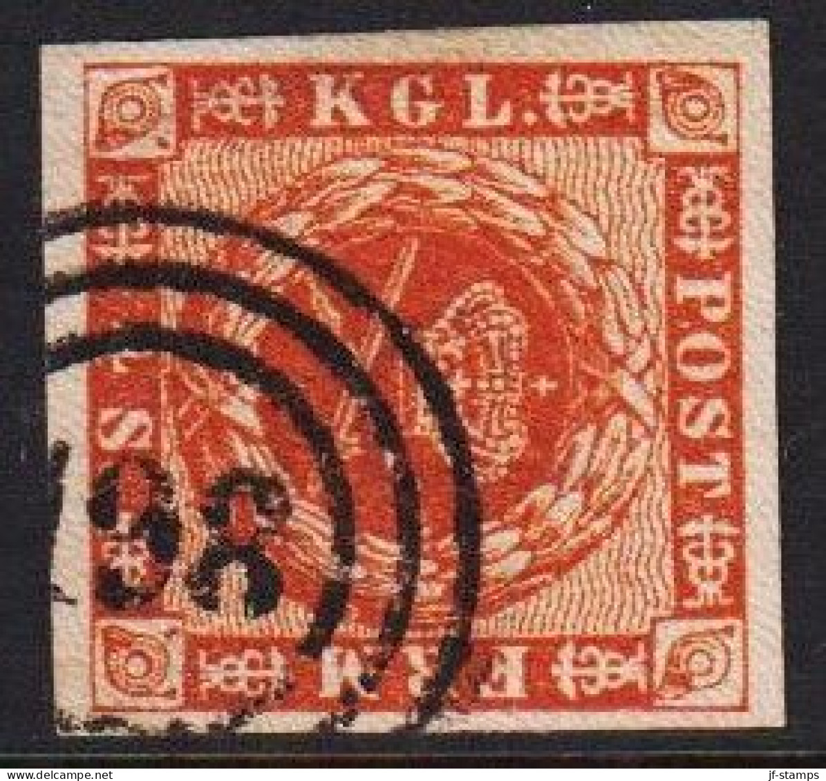 1858. DANMARK Beautiful 4 Skilling Cancelled With Nummeral Cancel 198 KØBENHAVN  STETTIN. Very Rare Nummer... - JF536969 - Used Stamps