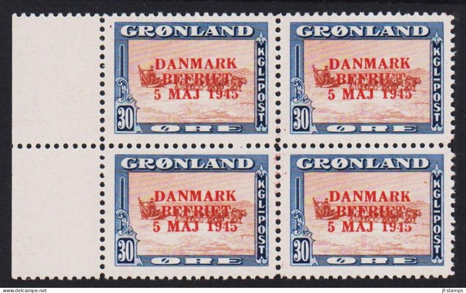 1945. GRØNLAND. DANMARK BEFRIET 5 MAJ 1945 Overprint. 30 Øre Blue/brown/red Dog Sledge. RED ... (Michel 22 I) - JF536979 - Nuovi