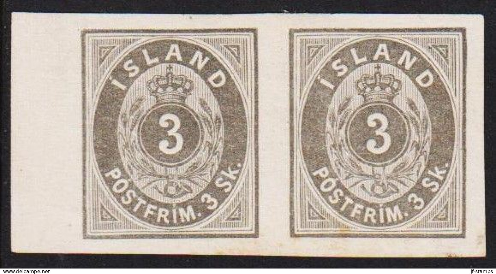 1873. ISLAND. 3 Skilling BLACK Grey. PAIR IMPERFORATED PROOF On Bond. Issued Without Gum.... (Michel 2 PROOF) - JF537017 - Ungebraucht