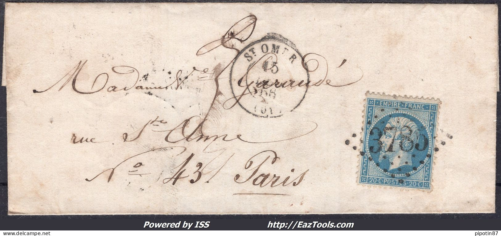 FRANCE N° 22 SUR LETTRE AVEC GC 3785 ST OMER PAS DE CALAIS + CAD DU 15/12/1866 - 1862 Napoleon III