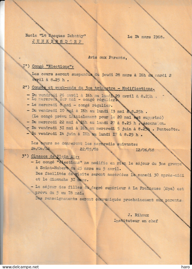 Armée Belge En Allemagne FBA - Lot De 2 Lettres D'info Ecole Lt. Jacques Debatty  à JUNKERSDORF En 1968  (Nod7) - Frans