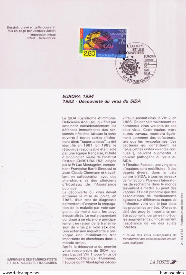Europa CEPT 1994 France - Frankreich Y&T N°DP2878 - Michel N°PD3021 (o) - 2,80f EUROPA - Format 145*210 - Notice - 1994
