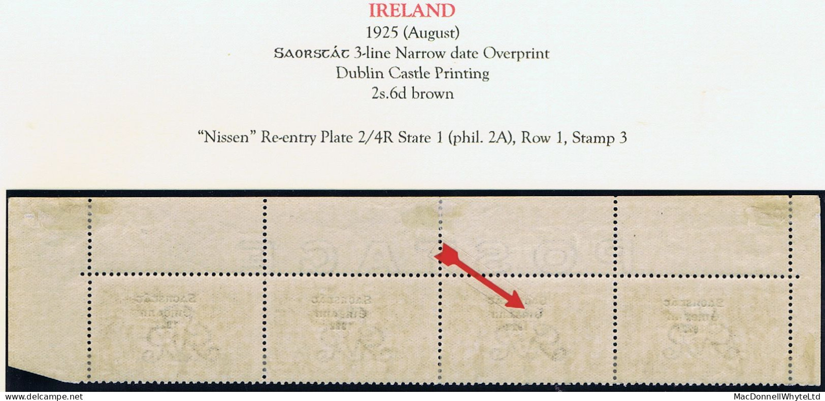 Ireland 1925 Narrow Date Saorstat 3-line Ovpt In Black 2/6d "Nissen Re-entry" Row 1/3, In A Complete Row Of 4 Mint - Unused Stamps