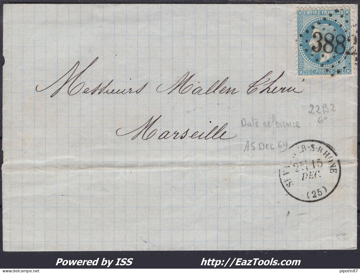 FRANCE N°29B SUR LETTRE GC 3882 ST VALLIER SUR RHONE DROME + CAD DU 15/12/1869 - 1863-1870 Napoleon III With Laurels