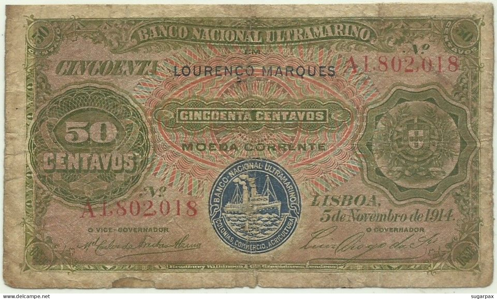 MOZAMBIQUE - 50 CENTAVOS - 05.11.1914 - P 61 - STEAMSHIP SEAL TYPE III - With Letter A - Mozambique