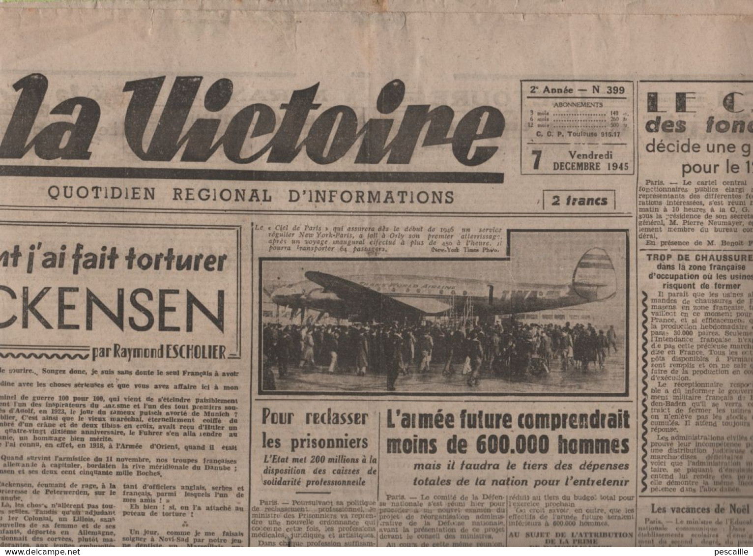 LA VICTOIRE 07 12 1945 - VON MACKENSEN - PROCES NUREMBERG - JAPON - AVION " CIEL DE PARIS " - AUCH - LOMBEZ - LECTOURE - General Issues