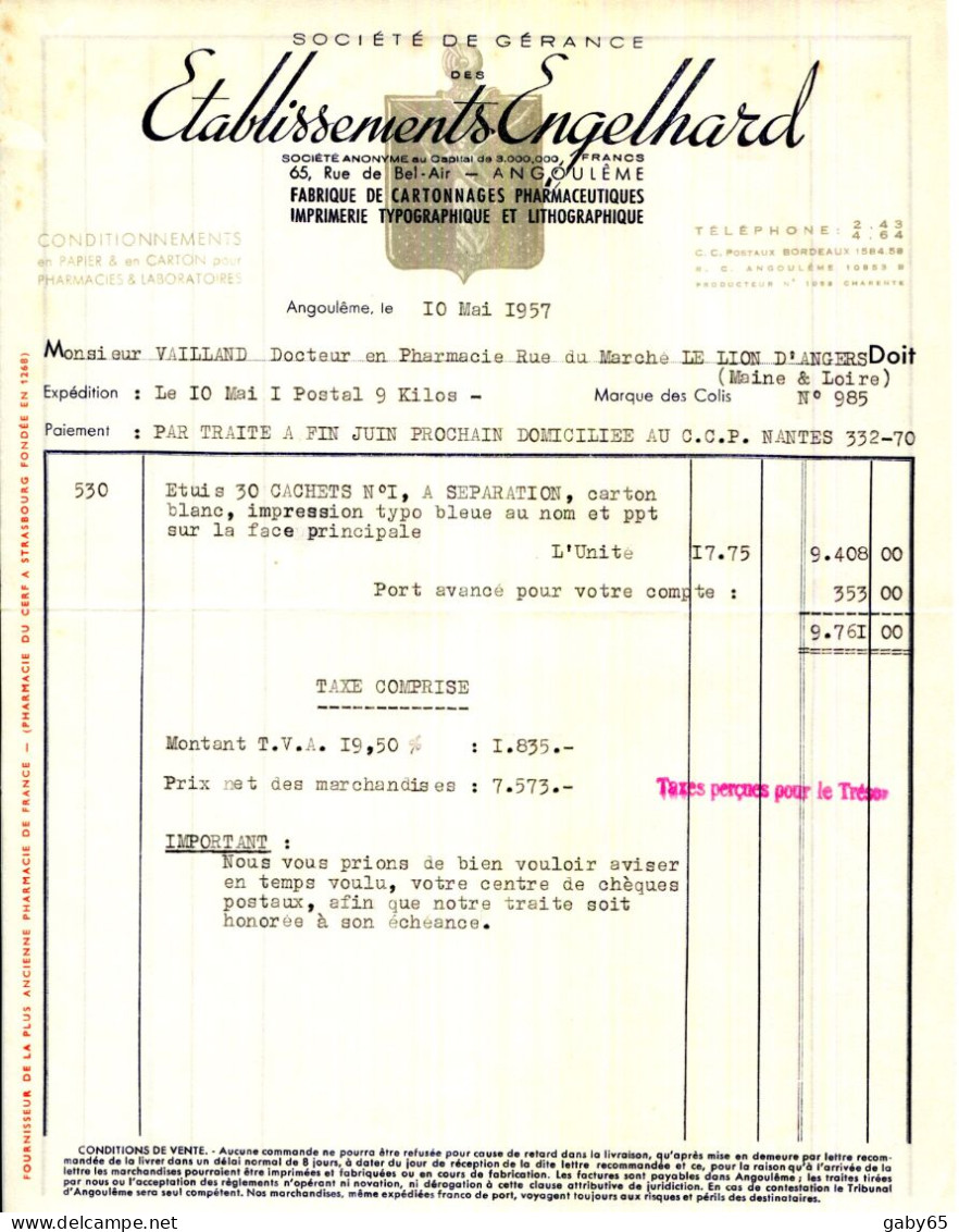 FACTURE.16.ANGOULEME.FABRIQUE DE CARTONNAGES PHARMACEUTIQUES.IMPRIMERIE.TYPO.LITTHO.Ets.ENGELHARD 65 RUE DE  BEL AIR - Imprimerie & Papeterie