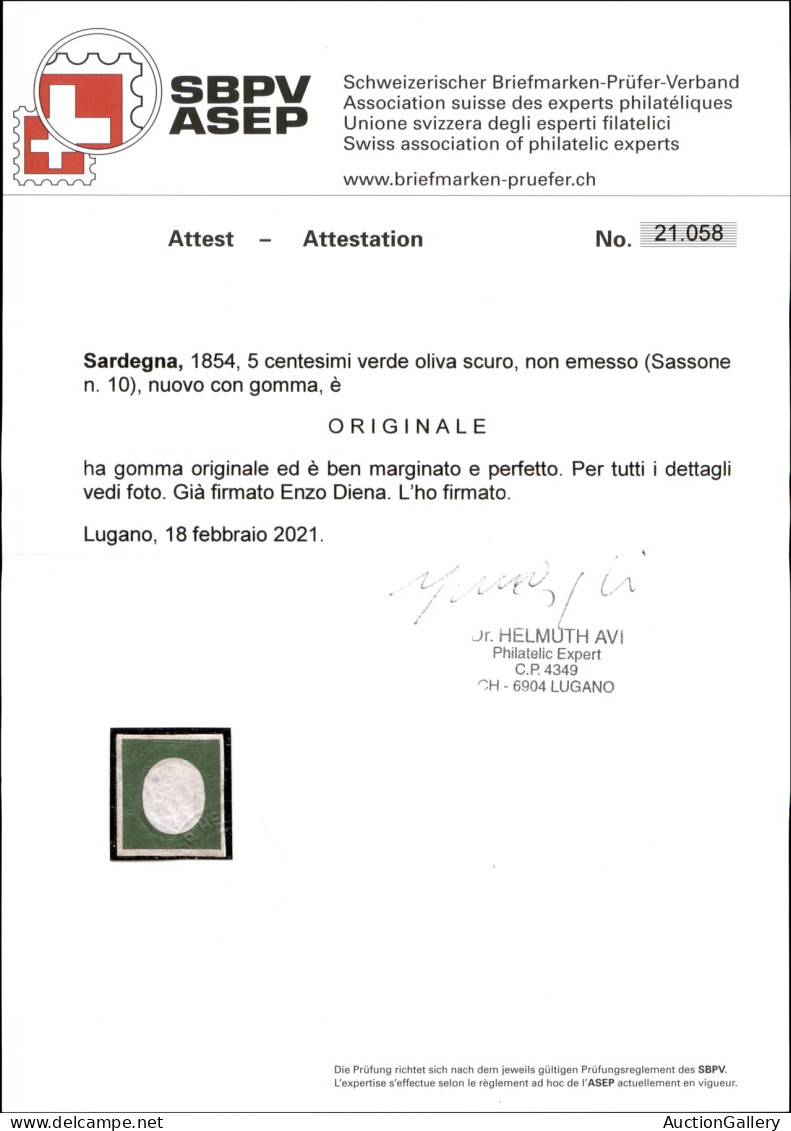 Antichi Stati Italiani - Sardegna - 1854 - Non Emesso - 5 Cent Verde Oliva Scuro (10) - Gomma Originale - Diena + Cert A - Other & Unclassified