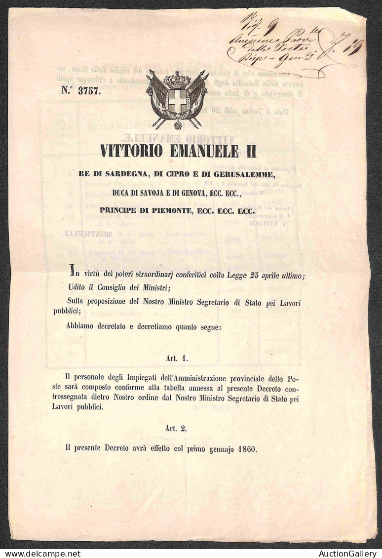 Antichi Stati Italiani - Toscana - 1859 (20 Novembre) - Decreti 3757 + 3758 - Stipendi Del Personale Delle Poste (dal 1° - Autres & Non Classés