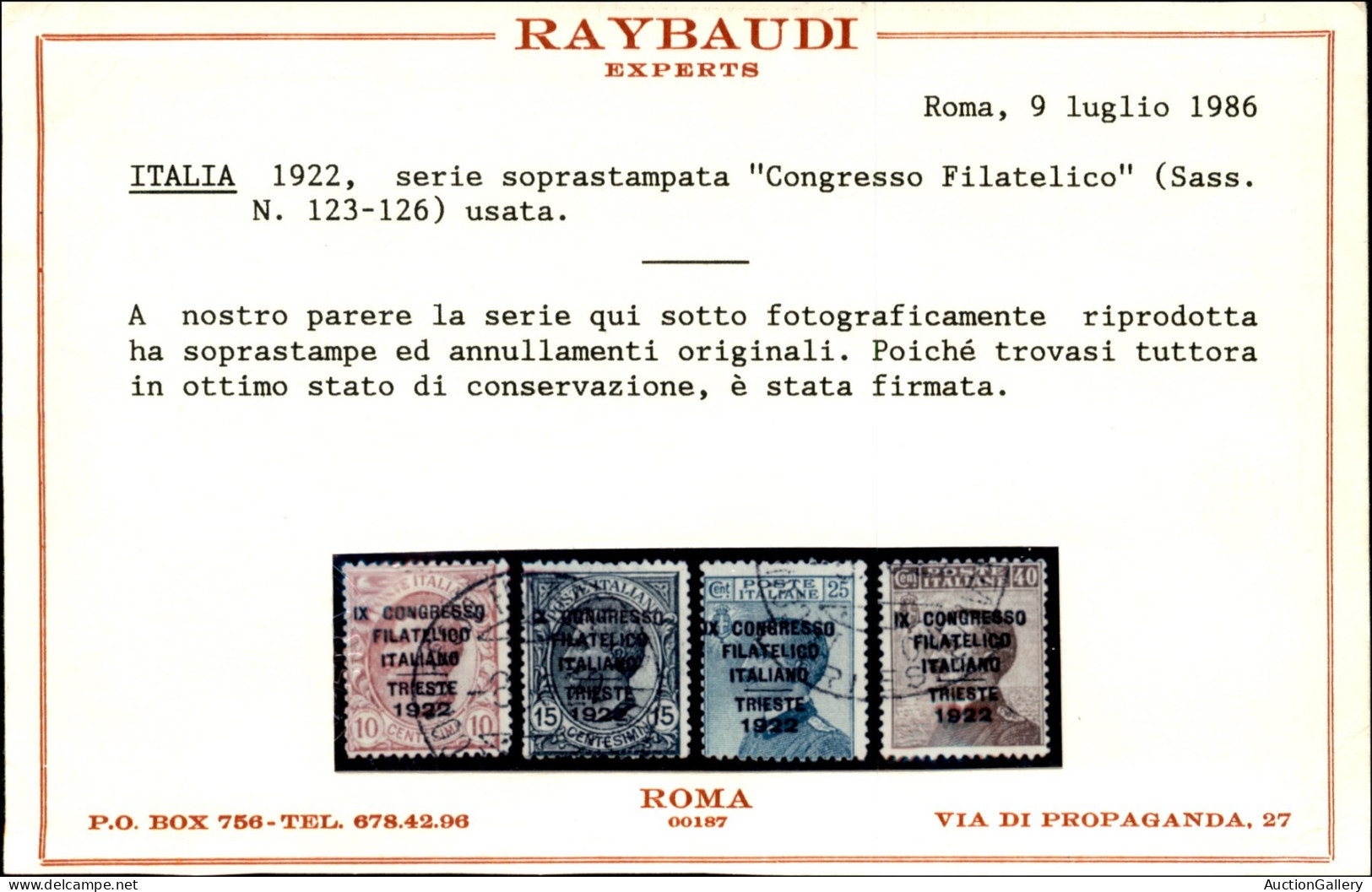 Regno - Vittorio Emanuele III - 1922 - Congresso Filatelico (123/126) - Serie Completa Usata - Cert. Raybaudi - Autres & Non Classés