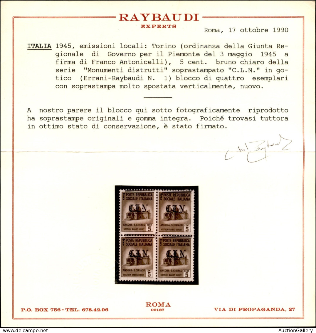 C.L.N. - Torino - 1945 - 5 Cent (Unificato 1 - Errani 1 Varietà B/non Catalogata) - Quartina Con Soprastampa Spostata In - Otros & Sin Clasificación