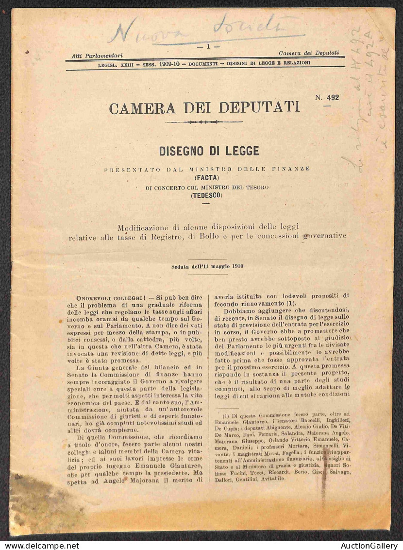 Prefilateliche&Documenti - Documenti - 1910/1911 - Senato Del Regno - Tasse Di Registro E Di Bollo - Modificazione Di Al - Autres & Non Classés