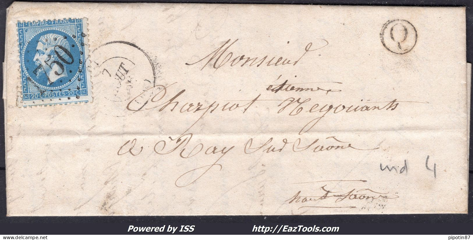 FRANCE N°22 SUR LETTRE AVEC GC 1750 GY SAONE ET LOIRE + CAD DU 07/08/1868 - 1862 Napoléon III.