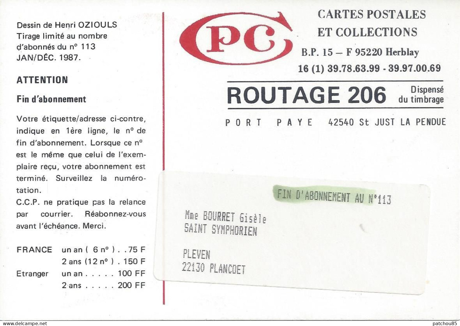 CPM Dessin De Henri Oziouls Pour CPC Tirage Limité Au Nombre D’abonnés Du N° 113 Janv/Déc 1987 - Oziouls