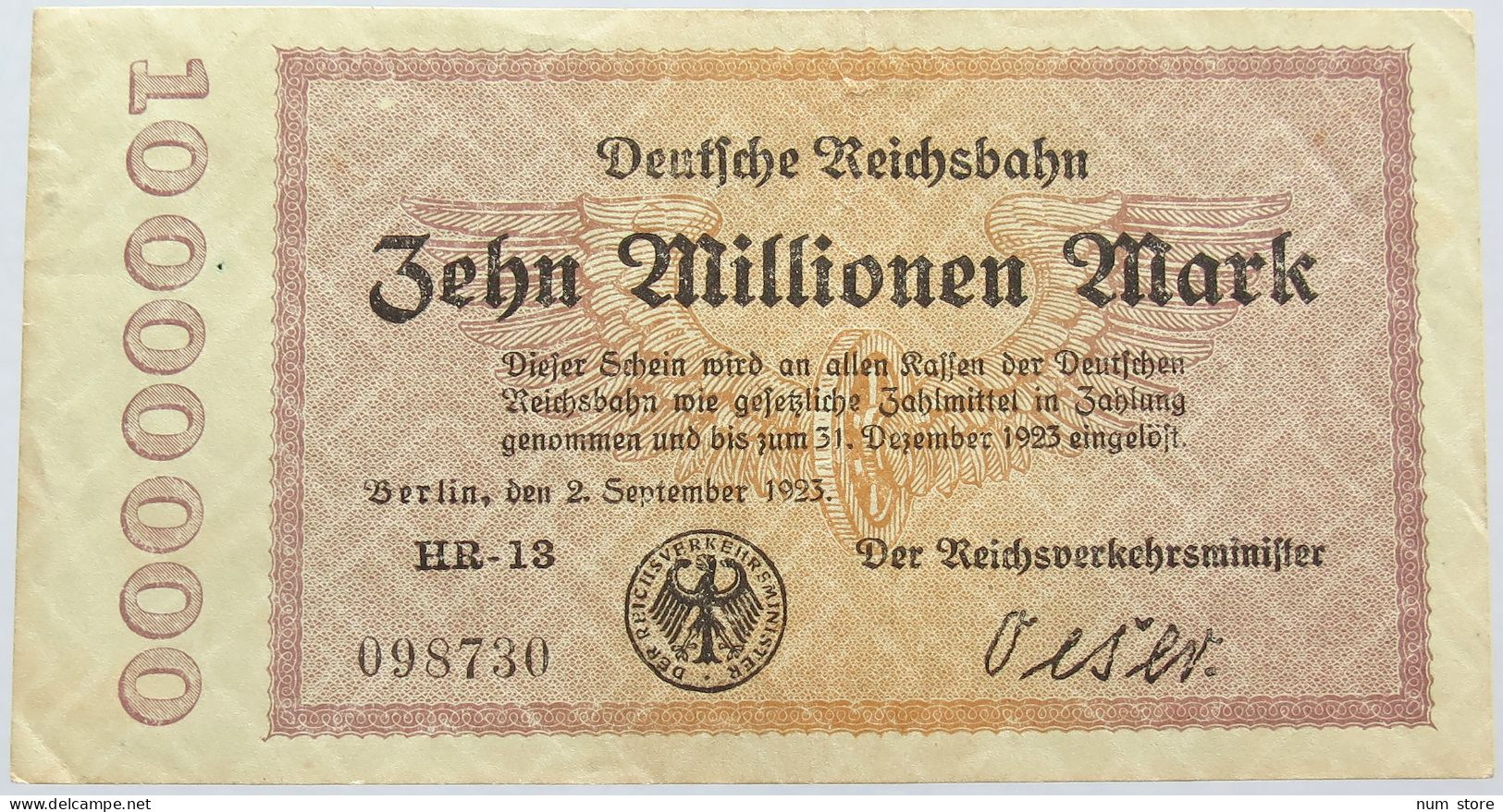 GERMANY 10 MILLIONEN MARK REICHSBAHN #alb004 0023 - 10 Millionen Mark