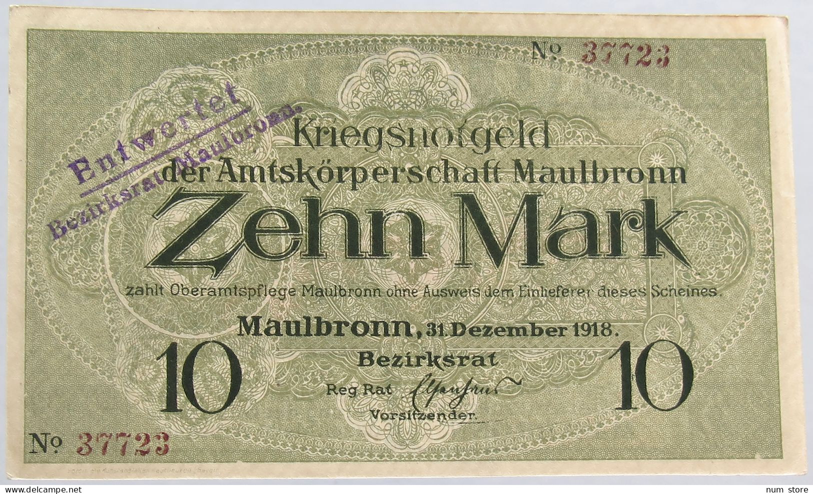 GERMANY 10 MARK MAULBRONN 1919 #alb002 0341 - 10 Mark