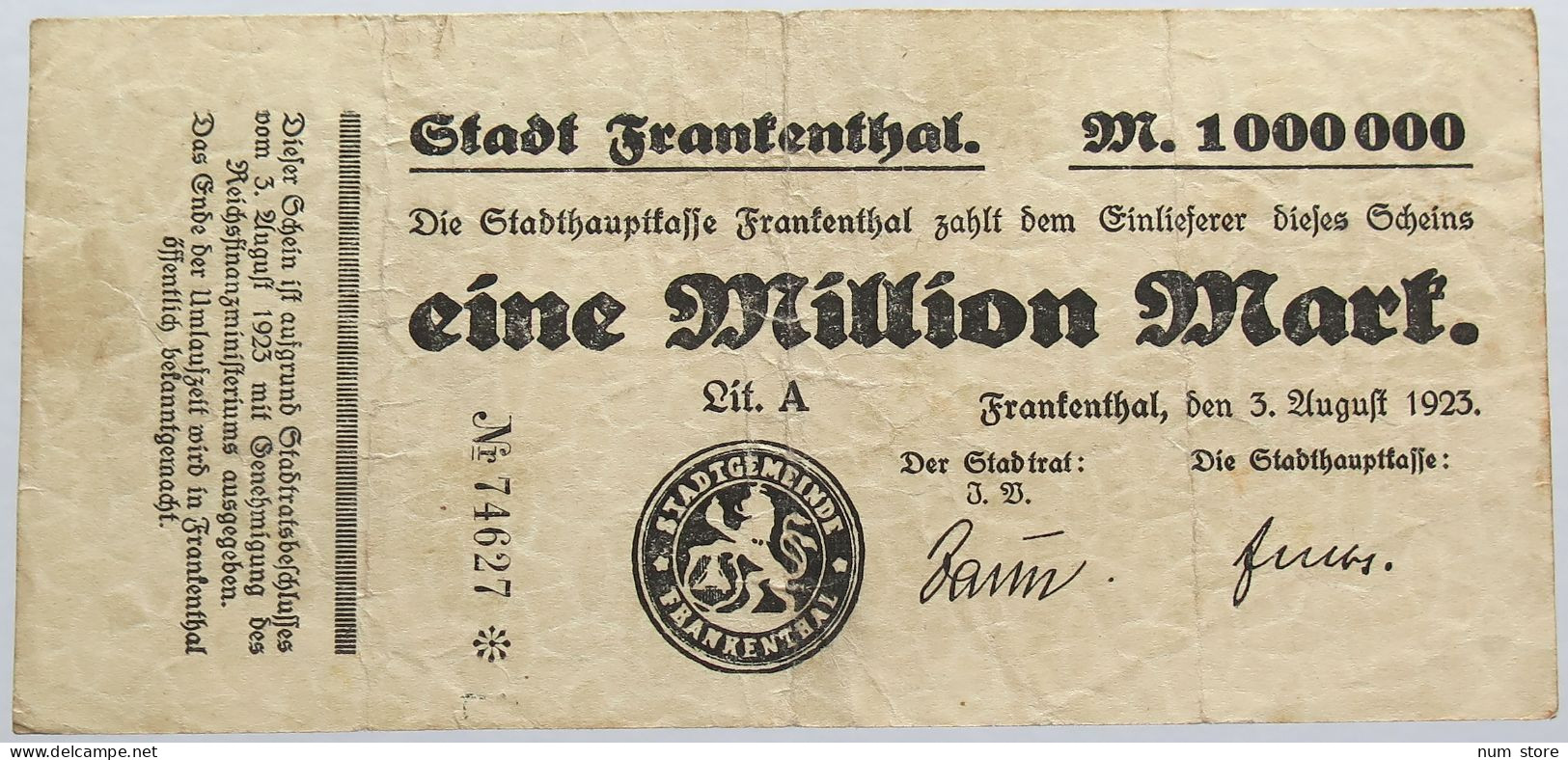 GERMANY 1 MILLION MARK 1923 FRANKENTHAL #alb004 0411 - 1 Million Mark