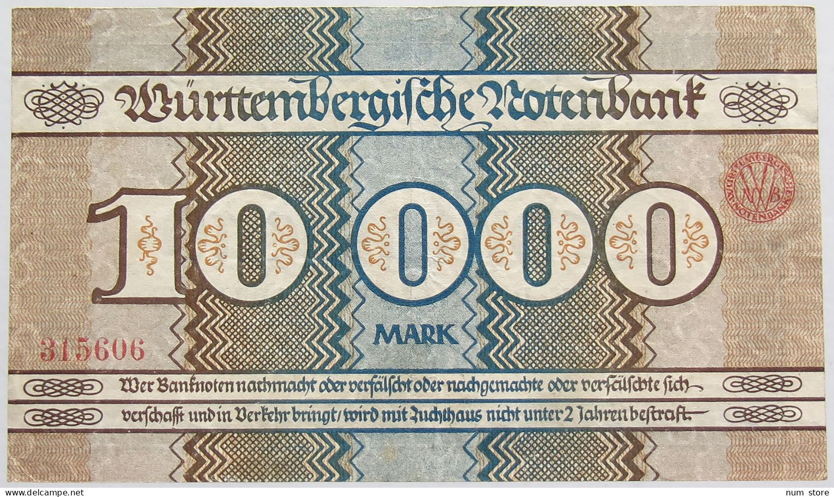 GERMANY 10000 MARK 1923 WURTTEMBERG #alb010 0001 - 10000 Mark