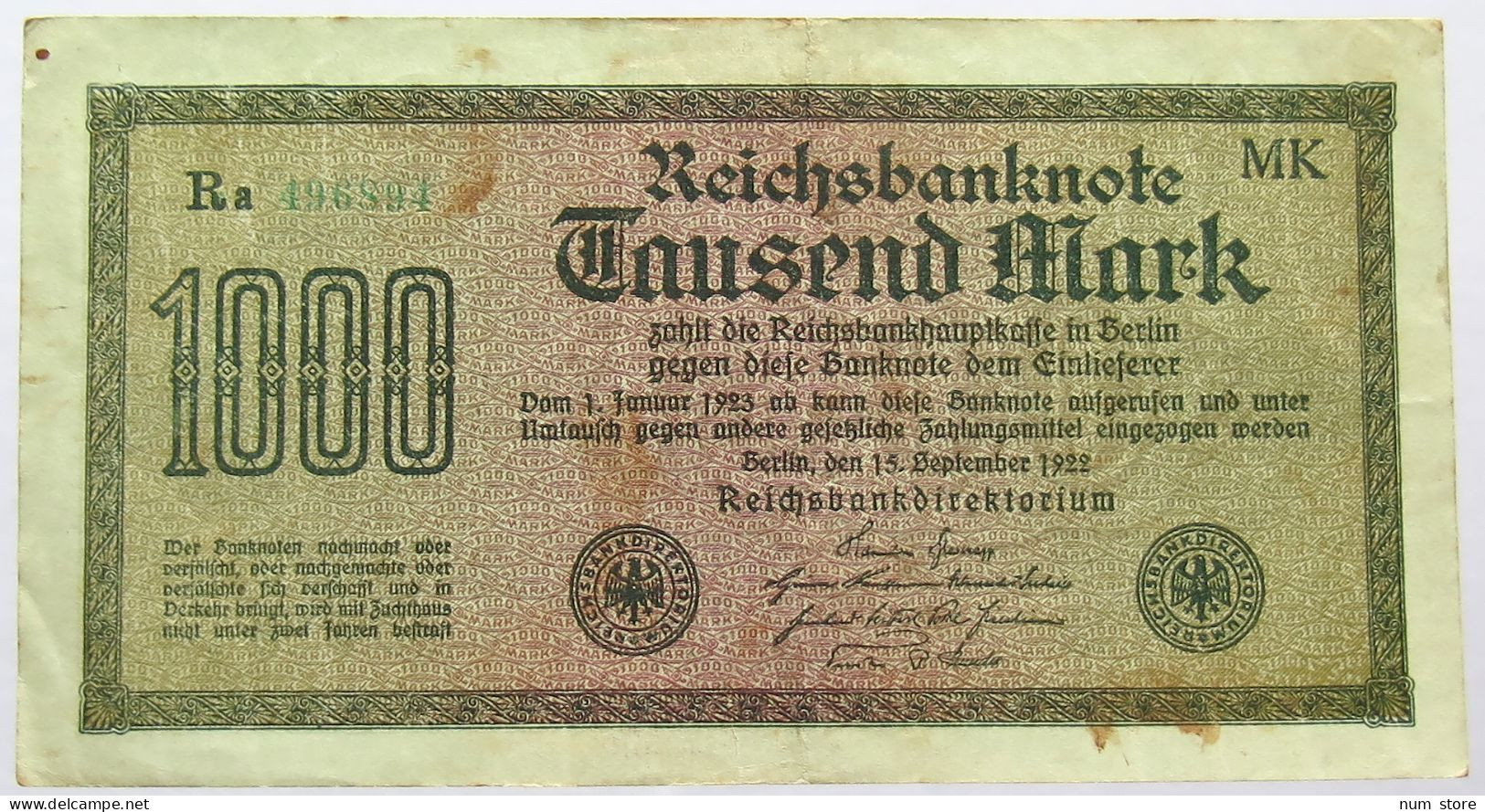 GERMANY 1000 MARK 1922 #alb066 0135 - 1.000 Mark