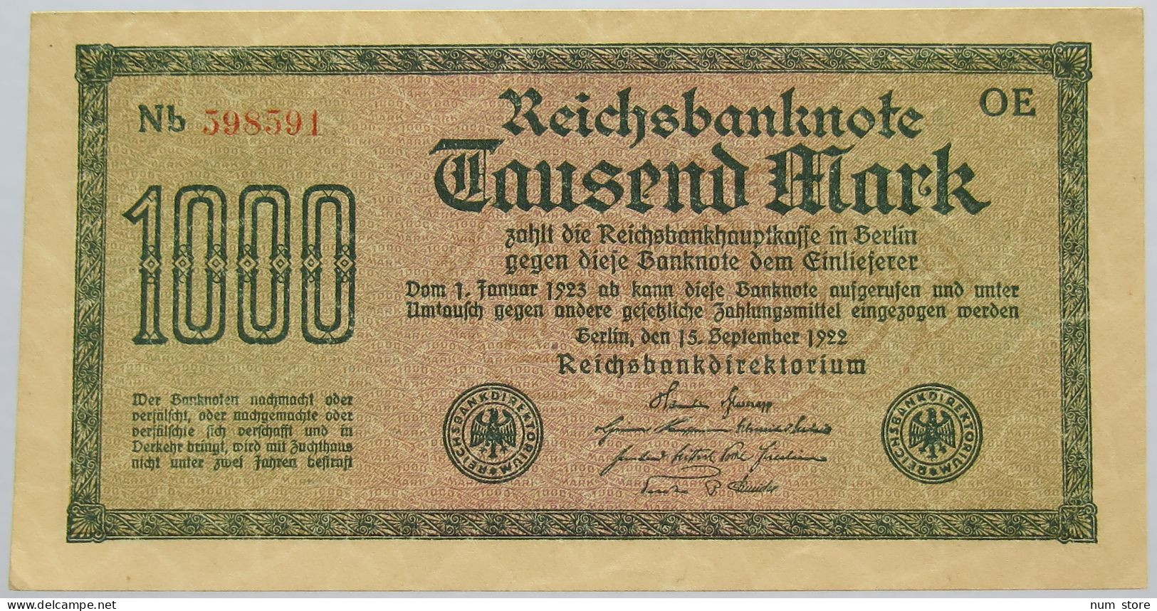 GERMANY 1000 MARK 1922 #alb020 0005 - 1.000 Mark