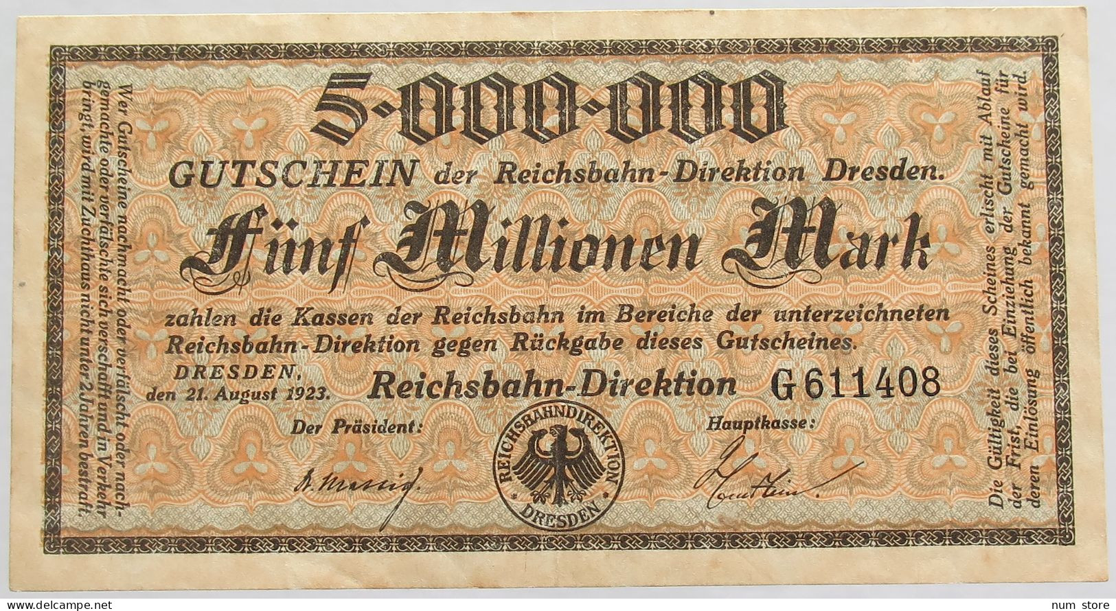 GERMANY 5 MILLIONEN MARK 1923 REICHSBAHN DRESDEN #alb012 0085 - 5 Millionen Mark