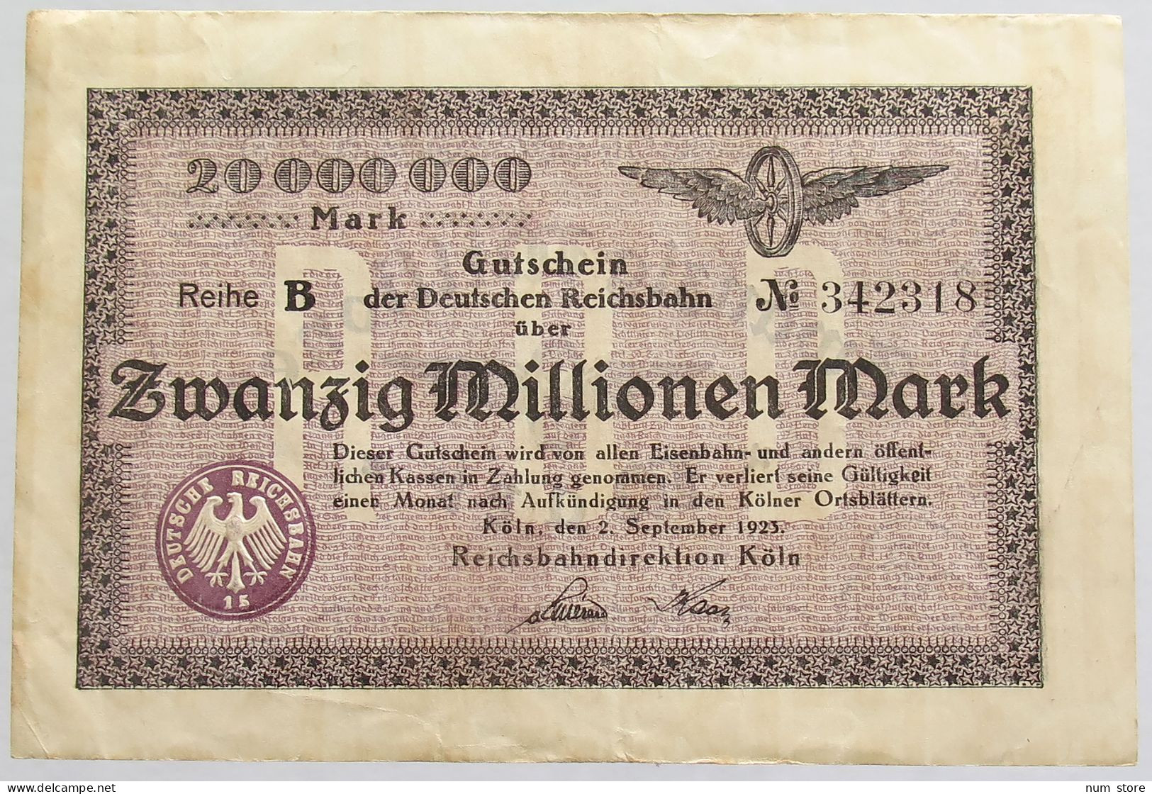 GERMANY 20 MILLIONEN MARK 1923 REICHSBAHN #alb012 0083 - 20 Millionen Mark