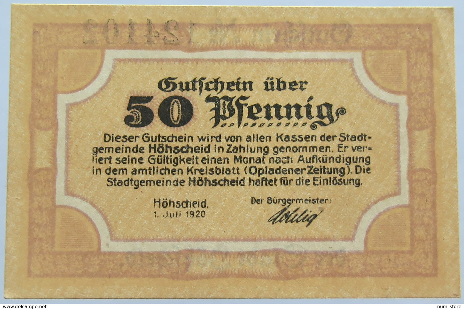 GERMANY NOTGELD HOHSCHEID 50 PFENNIG 1920 #alb005 0043 - Altri & Non Classificati