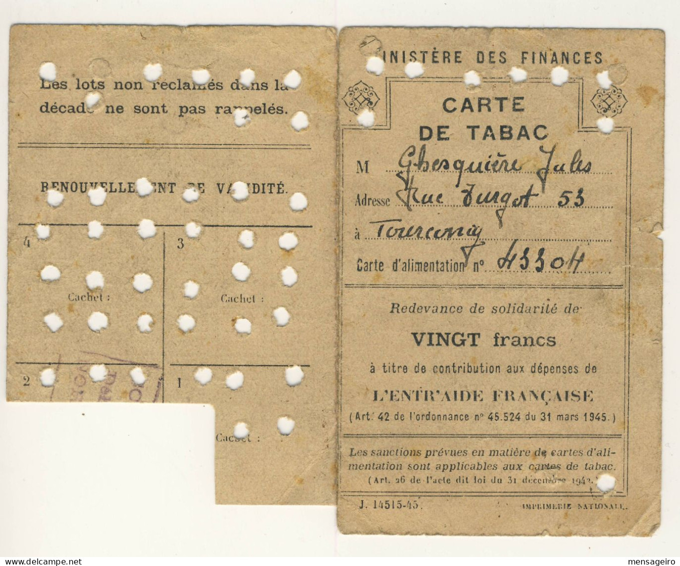 (P87) - CARTE DE TABAC - Y&T EF 1 - CONTRIBUTION AUX DEPENSES DE L ENTRAIDE FRANCAISE - Dokumente