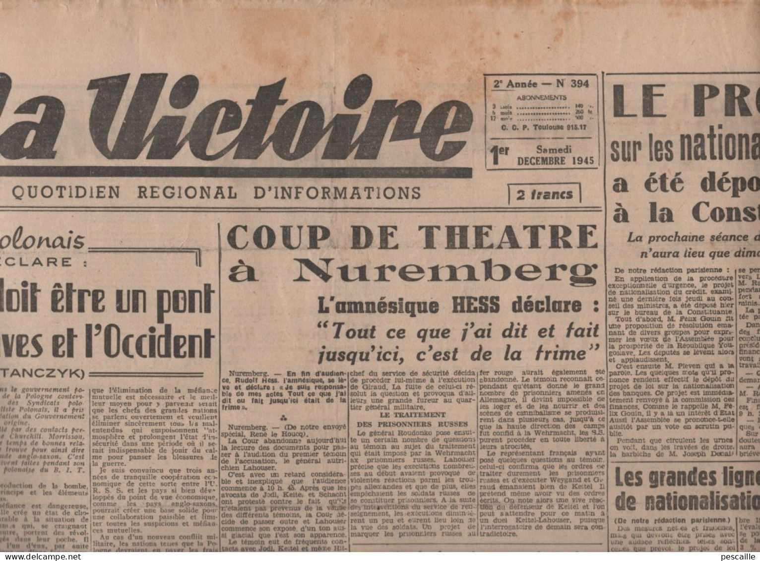 L VICTOIRE 1 12 1945 - PROCES DE NUREMBERG RUDOLF HESS - POLOGNE - NATIONALISATIONS - YOUGOSLAVIE TITO - CYCLOTRON JAPON - General Issues