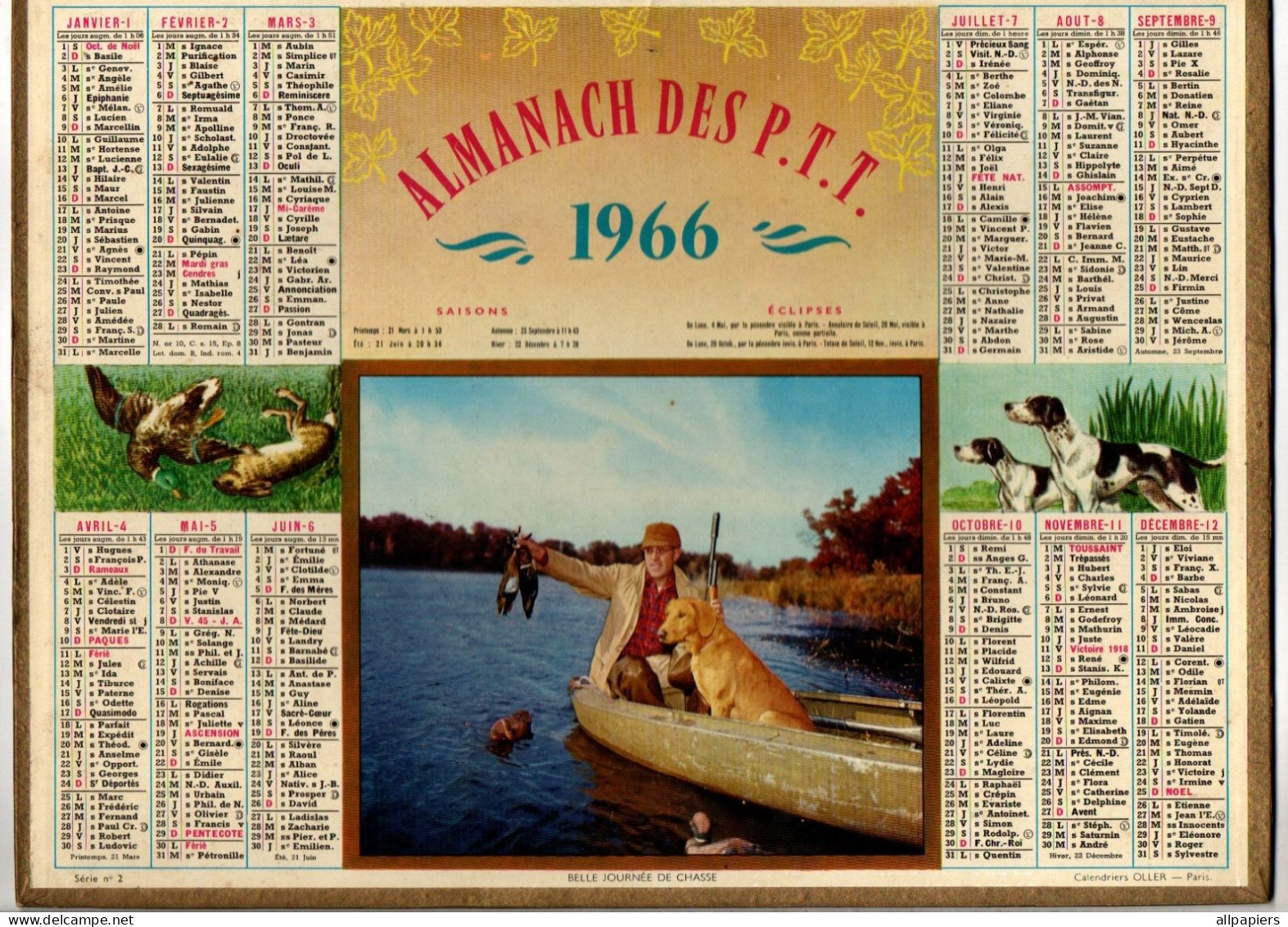 Calendrier Almanach Des P.T.T. 1966 Du Nord - Photo Belle Journée De Chasse - Format : 26.5x21 Cm - Grossformat : 1961-70