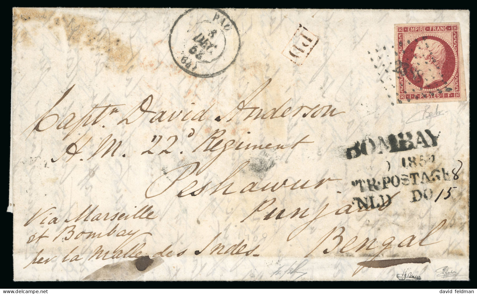 1853, Lettre Acheminée Par La Malle Des Indes Dans - 1853-1860 Napoleon III