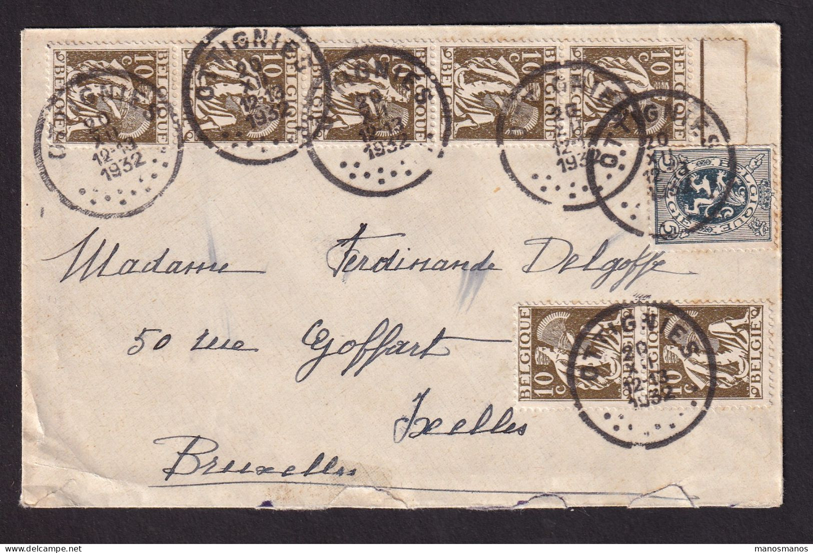 DDEE 886 -- Enveloppe TP Cérès (7 X + BdF) Et Lion Héraldique OTTIGNIES 1932 Vers BXL - Tarif EXACT 75 C - 1932 Ceres Und Mercure