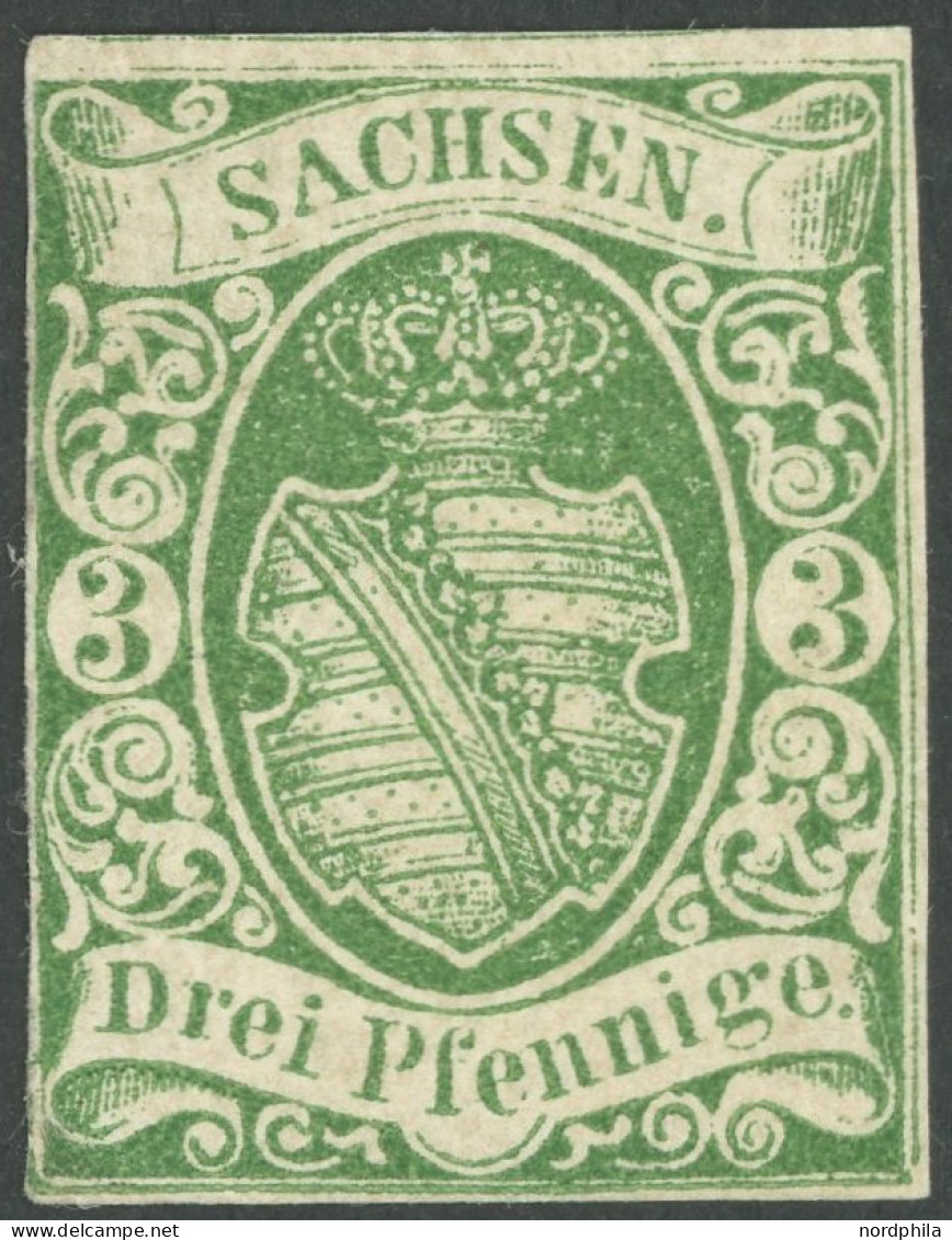 SACHSEN 2IIa O, 1851, 3 Pf. Saftiggrün, Späte Auflage, Falzrest, Links Berührt Sonst Vollrandiges Prachtstück, Signiert  - Saxe