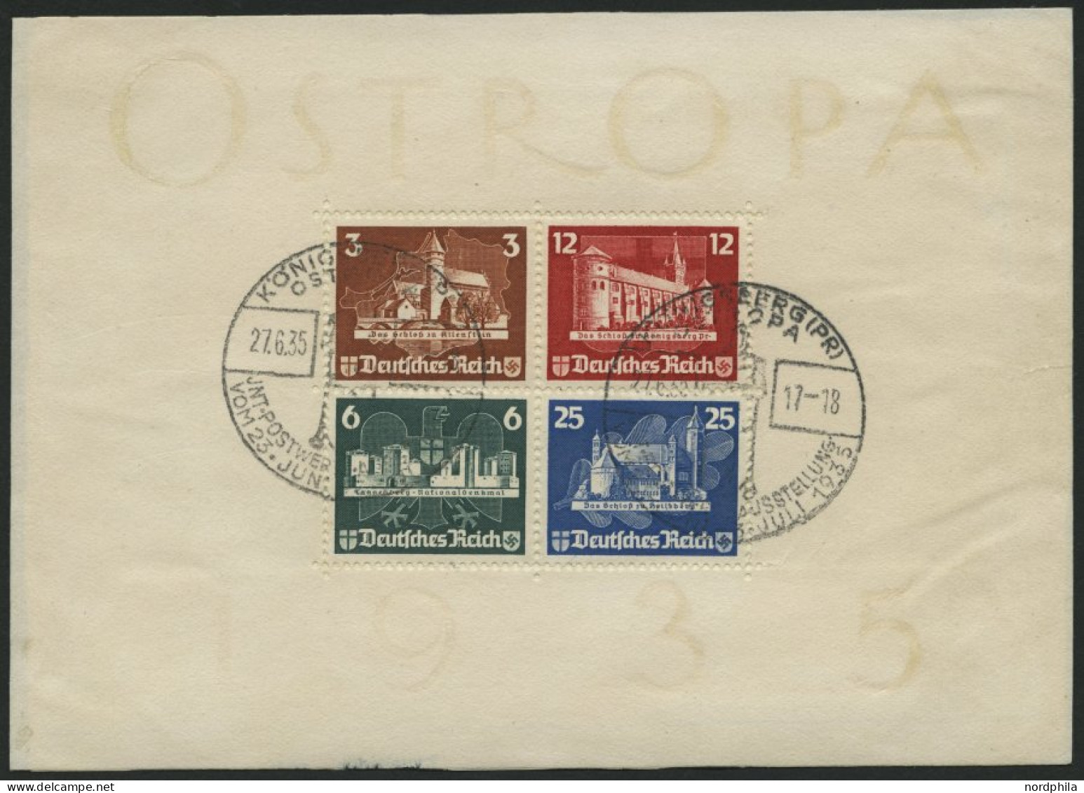 Dt. Reich Bl. 3 O, 1935, Block OSTROPA, Sonderstempel, Auf Unterlage Klebend, Rechts Verklebter Riss Sonst Pracht, Mi. 1 - Blocs