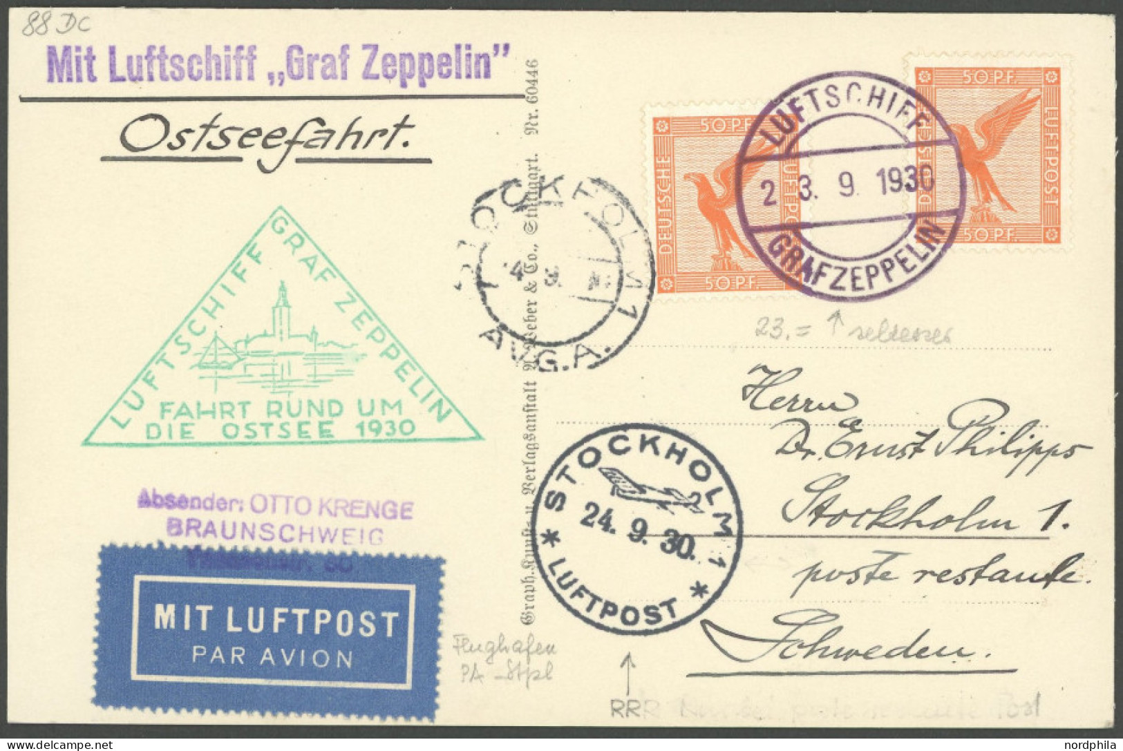 ZEPPELINPOST 88Dc BRIEF, 1930, Ostseefahrt, Abwurf Stockholm, Bordpost, Auf Prachtbrief Nach Schweden - Luft- Und Zeppelinpost