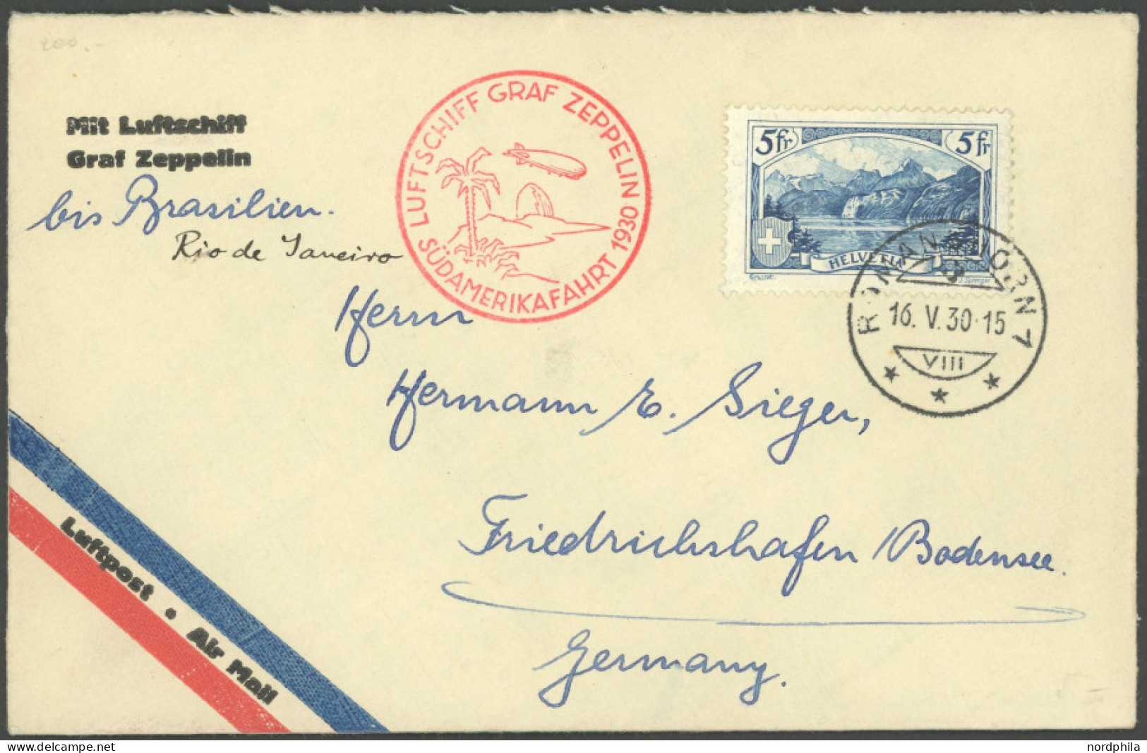 ZULEITUNGSPOST 57M BRIEF, Schweiz: 1930, Südamerikafahrt, Bis Rio De Janeiro, Prachtbrief - Poste Aérienne & Zeppelin